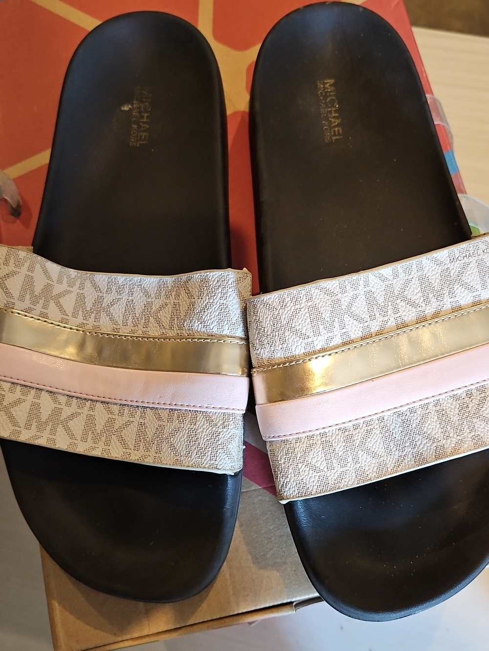 Michael Kors Pink and Gold MK Logo Slide Sandals Size 10 New